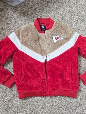 NFL Red, Tan & White KC Cheifs Fuzzy Bomber Jacket with Team Patch